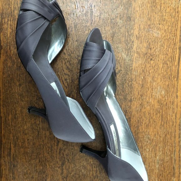 Gray Satin Open Toe Kitten Heels - Picture 2 of 3